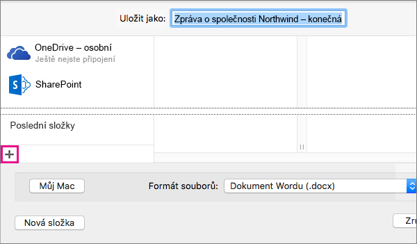 Pokud chcete přidat online službu, klikněte na znaménko plus v dolní části levého sloupce v dialogovém okně Uložit jako.