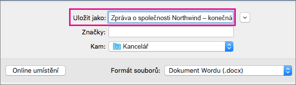 V okně Uložit jako zadejte nebo upravte název souboru pro aktuální dokument.
