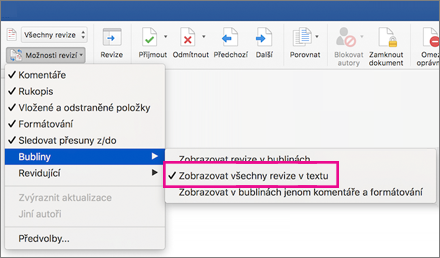 Zvýrazněná možnost Zobrazovat všechny revize v textu