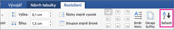 Karta Rozložení tabulky se zvýrazněnou možností Řazení.