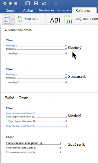 On the References tab, click Table of Contents, and then select an Automatic Table of Contents style from the gallery