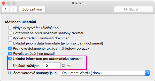 V dialogovém okně Uložit vyberte Uložit informace o automatickém obnovení a pak nastavte interval zadáním minut do pole Uložit každý.