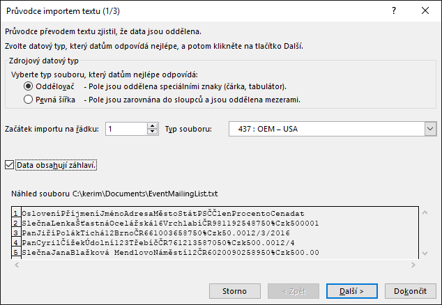 Excel, Načíst externí data, Z textu, Průvodce importem textu, Krok 1 ze 3