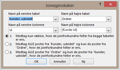 Skærmbillede af egenskaber for joinforbindelse med fremhævning af venstre tabelnavn