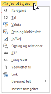 Tilføj en ny tabelkolonne, skriv Opslag og relation