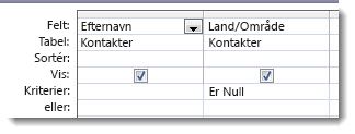 Billedet viser kriteriefeltet i Forespørgselsdesigner, der indeholder null-kriteriet