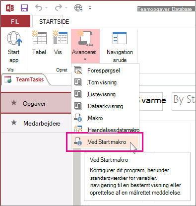Makrokommandoen VedStart på båndet.