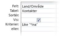 Billede af forespørgselsdesigner, der viser kriterier ved hjælp af følgende operatorer, f.eks. jokertegn i en