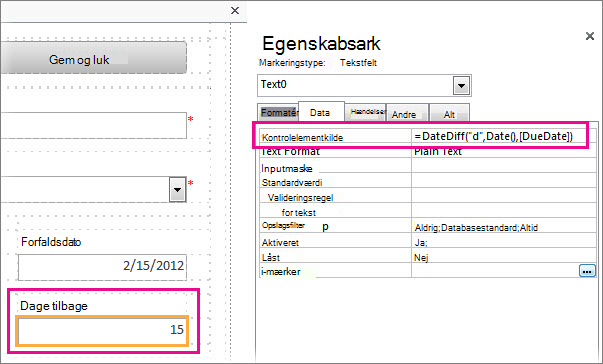 Indtastning af funktionen DateDiff i egenskaben Kontrolelementkilde i en tekstboks.