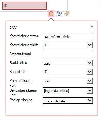 Alle tilgængelige egenskaber i egenskabsfeltet