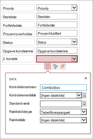Starttilstanden for egenskabsfeltet for et kombinationslisteelement