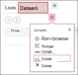 Menuen Indstillinger med Åbn i browser, Rediger, Omdøb, Dupliker og Slet