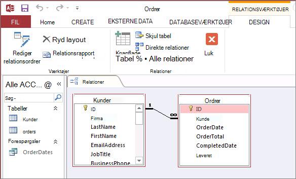 Vinduet Access-relationer