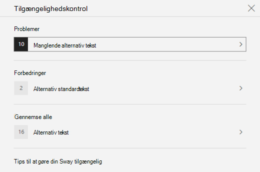 Ruden Tilgængelighedskontrol, der viser problemer med alternativ tekst i Sway.