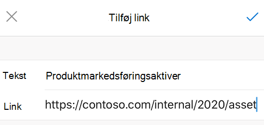 Dialogboksen Tilføj link i Outlook til iOS.