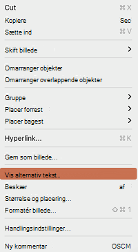 Indstillingen Vis alternativ tekst i genvejsmenuen i PowerPoint til Mac.