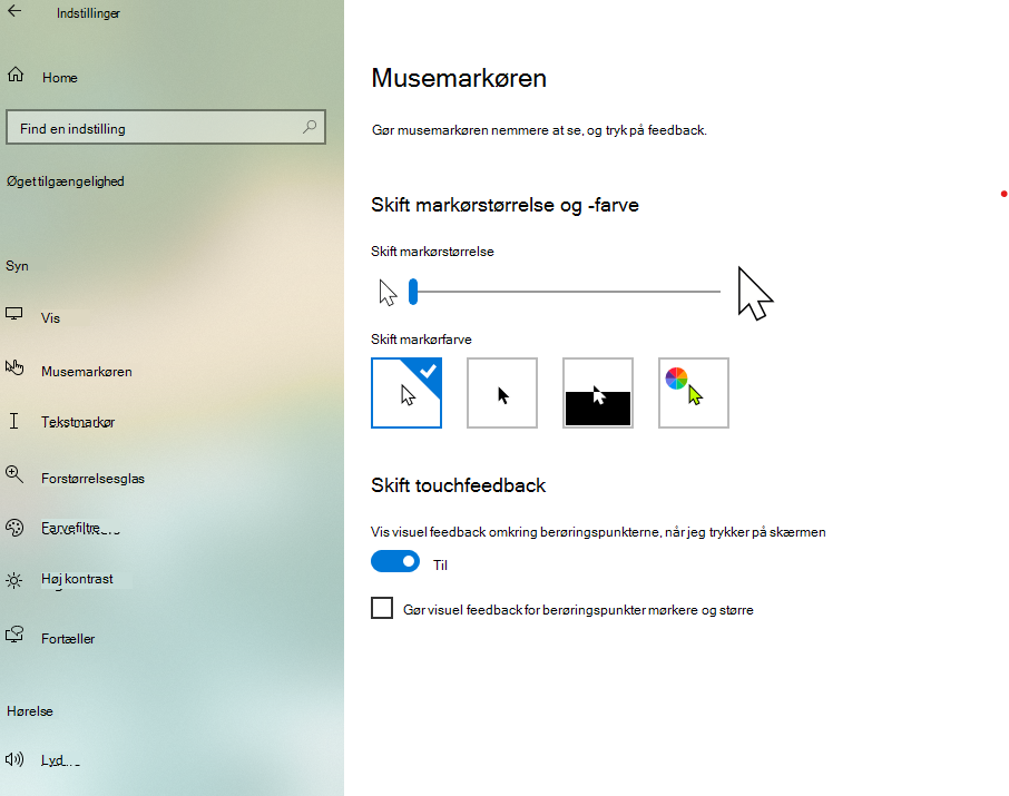 Skift markørstørrelse og -farve i appen Windows 10 Indstillinger