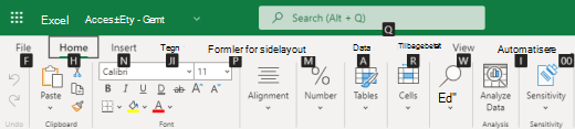 Tip til tabulatortasten til båndet i Excel på internettet.