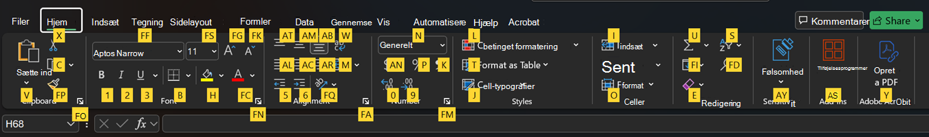 Tastaturtip til båndet i Excel.