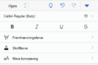 Indstillinger for skrifttypeformatering i Word til iOS.