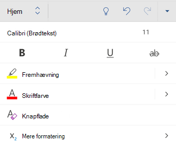 Indstillinger for skrifttypeformatering i Word til Android.