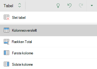 Indstillingen Kolonneoverskrift valgt for en tabel i Excel til Android