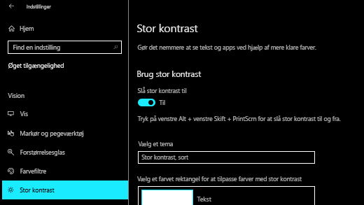 Slå stor kontrast til i appen Indstillinger Windows 10.