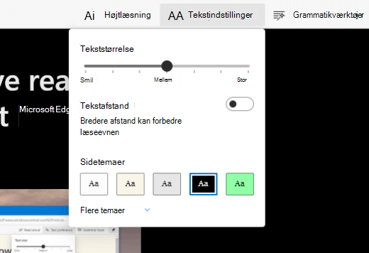 Den moderne læservisning er aktiveret i Microsoft Edge og viser visningsmenuerne.
