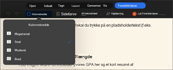 skærmbillede af Forenklet læser med kolonnebredde valgt, indstillinger er meget smal, smal, moderat, bred