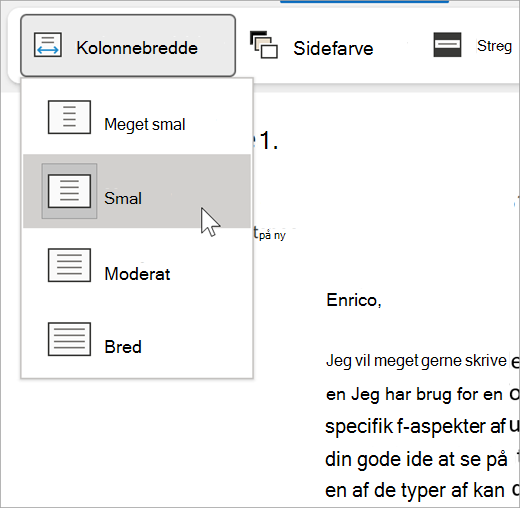 skærmbillede af rullelisten kolonnebredde til forenklet læser, indstillinger er meget smal, smal, moderat, bred