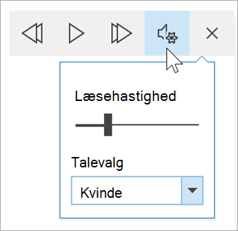 skærmbillede af værktøjslinjen stemmeindstillinger for Forenklet læser. Musen holdes over indstillinger, der viser en indstilling for læsehastighed og rulleliste for stemmevalg