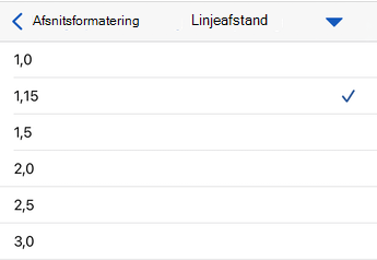 Indstillinger for linjeafstand i Word til iOS.