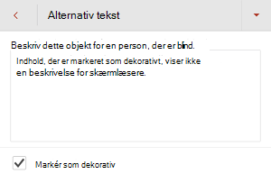 Dialogboksen Alternativ tekst, der viser afkrydsningsfeltet Markér som dekorativ markeret i PowerPoint til Android.