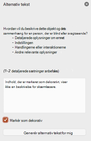 Afkrydsningsfeltet Markér som dekorativ markeret i ruden Alternativ tekst i PowerPoint til Mac.