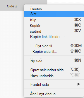 Slet en side i OneNote til Mac