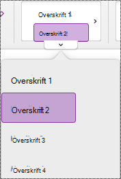Overskrift typografi i menuen i OneNote til Mac,
