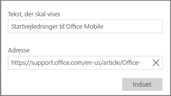 Skærmbillede af dialogboksen til tilføjelse af et hypertekst-link i OneNote til Windows 10.