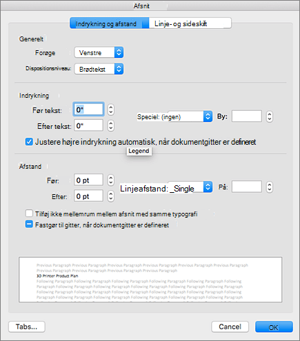 Dialogboksen Afsnit i Outlook til Mac.