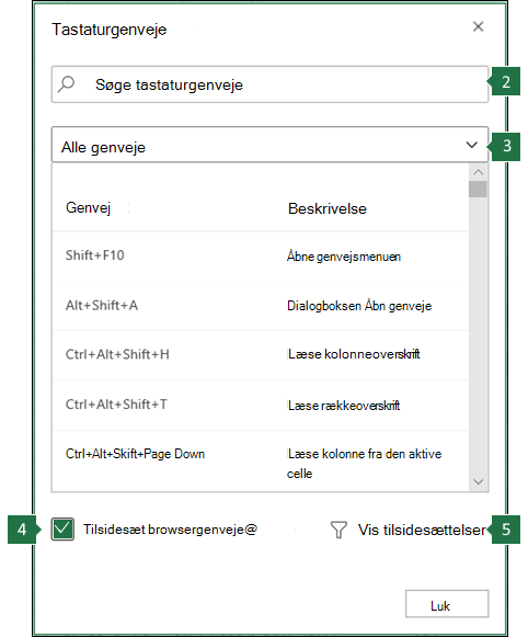 Tilsidesæt browsergenveje i Excel for webdialogboksen.