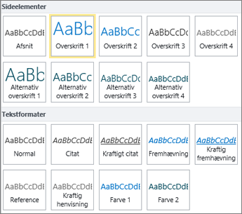 Skærmbillede af Sideelementer og Teksttypografier findes i gruppen Typografier på båndet i SharePoint Online.