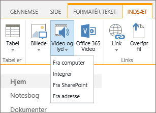 Skærmbillede af båndet i SharePoint Online. Vælg fanen Indsæt, og vælg derefter Video og lyd for at angive, om der skal tilføjes en fil fra din computer, en SharePoint-placering, en webadresse eller via en integreringskode.