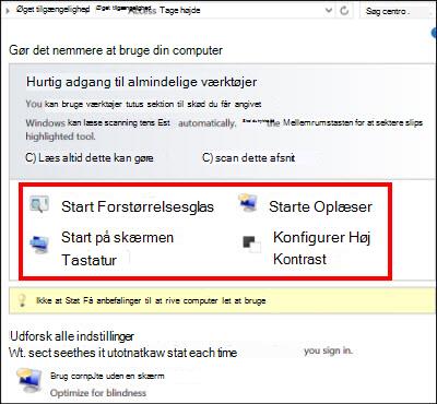 Dialogboksen Øget tilgængelighed i Windows, hvor du kan vælge teknologiske hjælpemidler