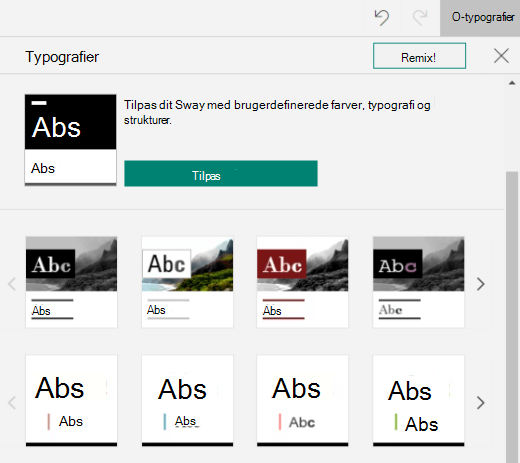 Ruden Typografier, der viser en liste over tilgængelige typografier og knappen Tilpas i Sway.