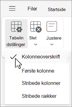 Menuen Tabelindstillinger, der viser indstillingen Kolonneoverskrift valgt i Outlook på internettet.