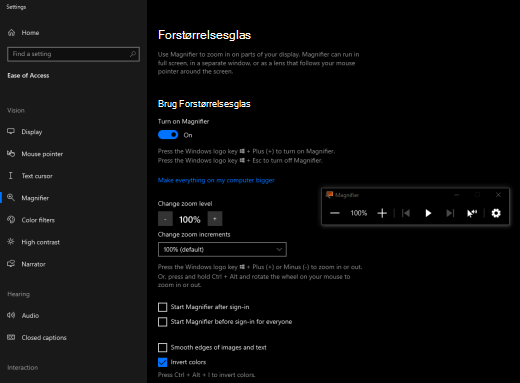 Skærmfarver inverteret med Forstørrelsesglas slået til i Windows.
