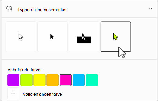Indstillinger for Windows-musemarkør med den brugerdefinerede farve valgt.