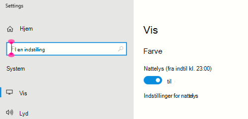 Indstillingen Windows Nattelys valgt i skærmindstillingerne.
