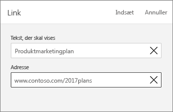 Kommandoen Link, der viser teksten, der skal vises, samt adresse