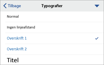 Kommandoen Typografier med Overskrift 1 valgt