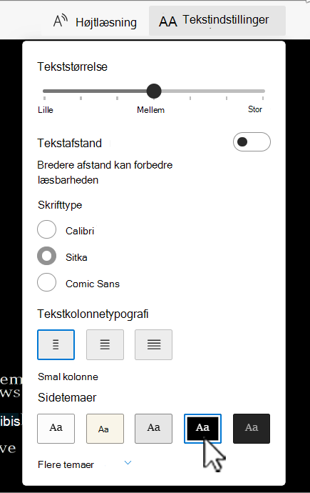 Forenklet læser indstillinger for tekstindstillinger i Word